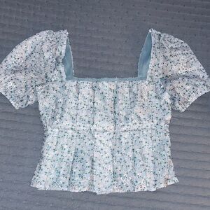 Lulu's Blue Floral Puff Sleeve Blouse
